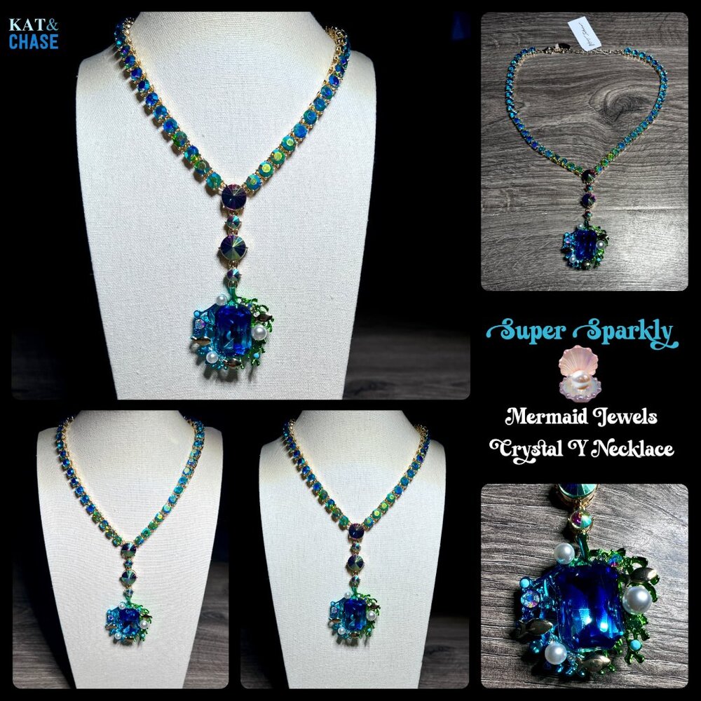 Betsey Johnson Mermaid Jewels Blue Crystal Rhinestone Sealife Y Drop Necklace